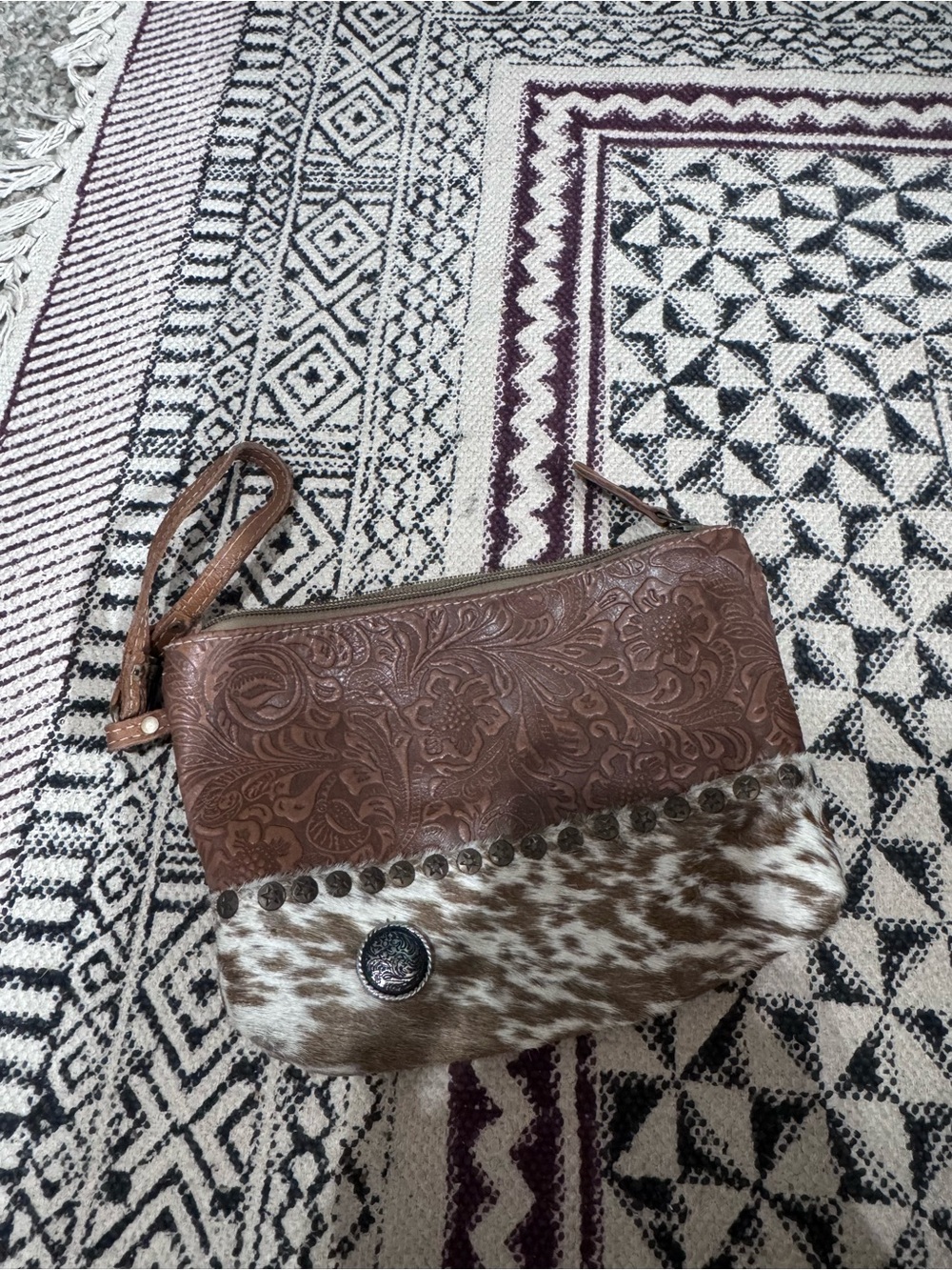 Myra Bag Brown Tooled Leather & Hair-on Hide Wristlet Clutch